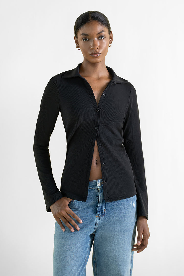 RIBBED POLO TOP IN BLACK